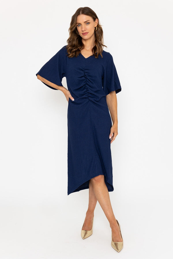 carraig donn Navy Short Sleeve Ruched Midi Dress