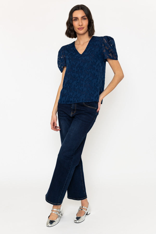 Carraig Donn Navy Short Sleeve Textured V Neck Top