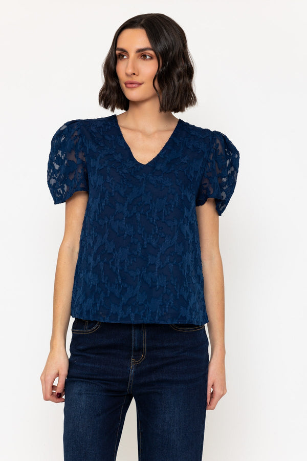 carraig donn Navy Short Sleeve Textured V Neck Top