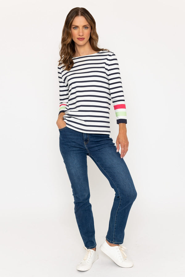 Carraig Donn Navy Stripe 3/4 Length Sleeve Top