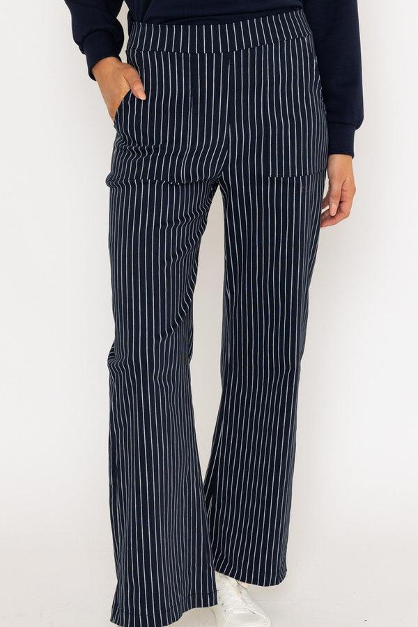 Carraig Donn Navy Stripe Print Wide Leg Trousers