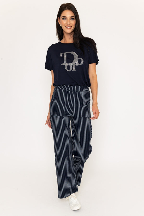 Carraig Donn Navy Stripe Print Wide Leg Trousers