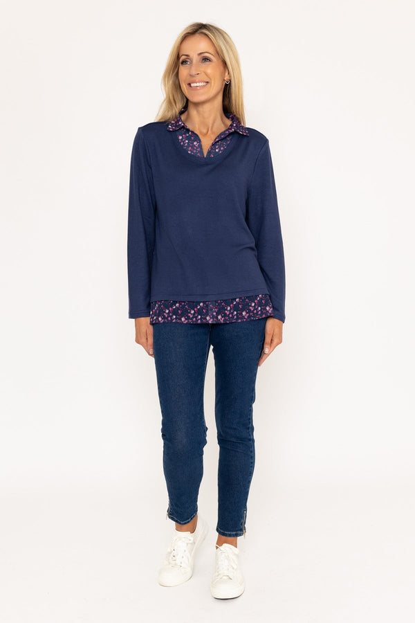 Carraig Donn Navy Top With Print Collar & Hem