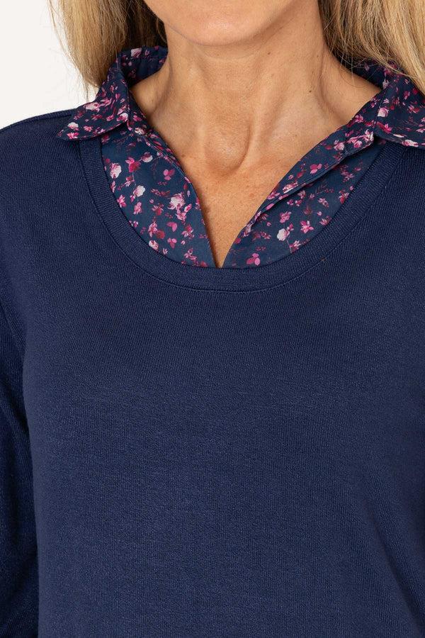 Carraig Donn Navy Top With Print Collar & Hem