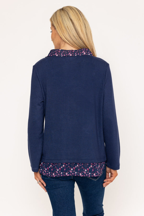 Carraig Donn Navy Top With Print Collar & Hem