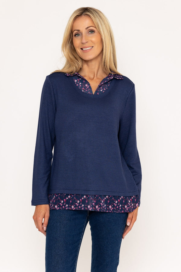 carraig donn Navy Top With Print Collar & Hem
