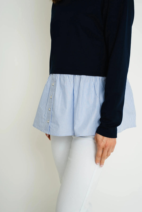 Carraig Donn Navy Top With Striped Shirt Hem