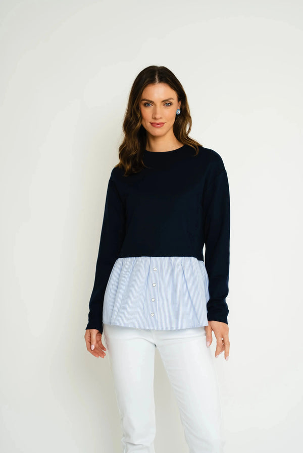carraig donn Navy Top with Striped Shirt Hem