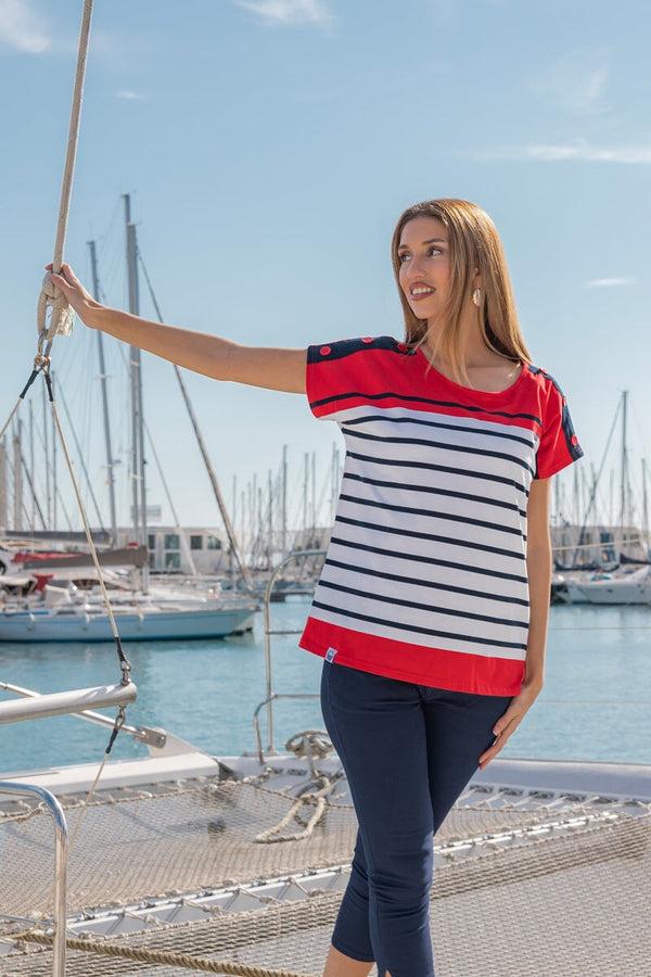 Carraig Donn Navy White & Red Stripe T-Shirt