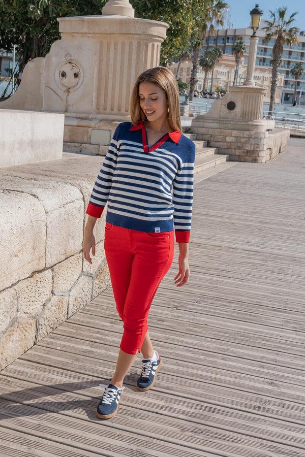 Carraig Donn Navy & White Stripe Collar Knit Jumper