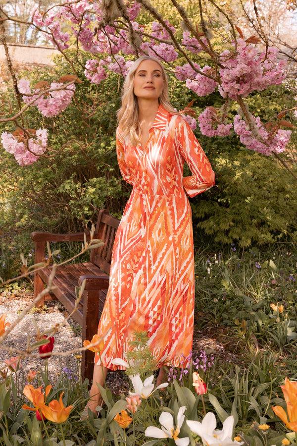 Carraig Donn Orange Print Shirt Midi Dress