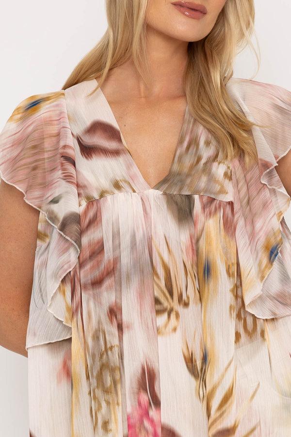 Carraig Donn Pink & Beige Short Sleeve Ruffle Blouse