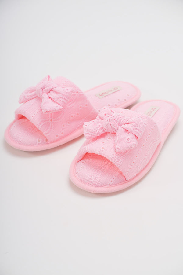 Carraig Donn Pink Broderie Bow Detail Slippers