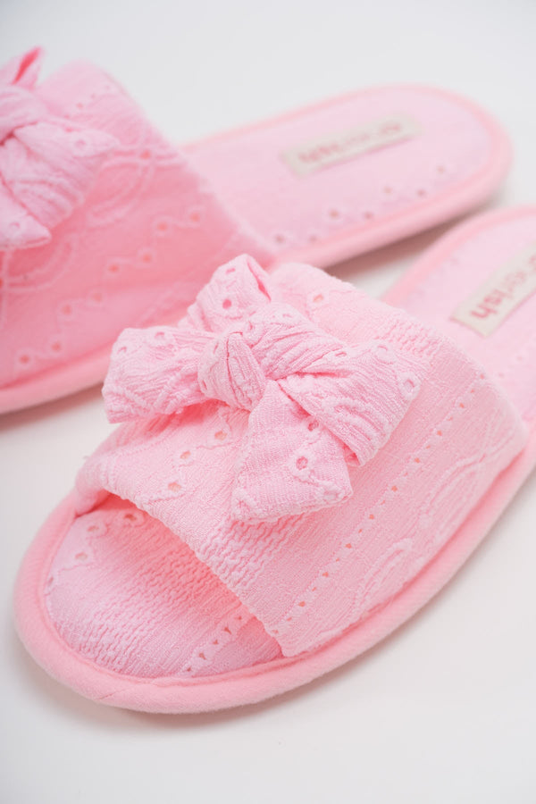 Carraig Donn Pink Broderie Bow Detail Slippers