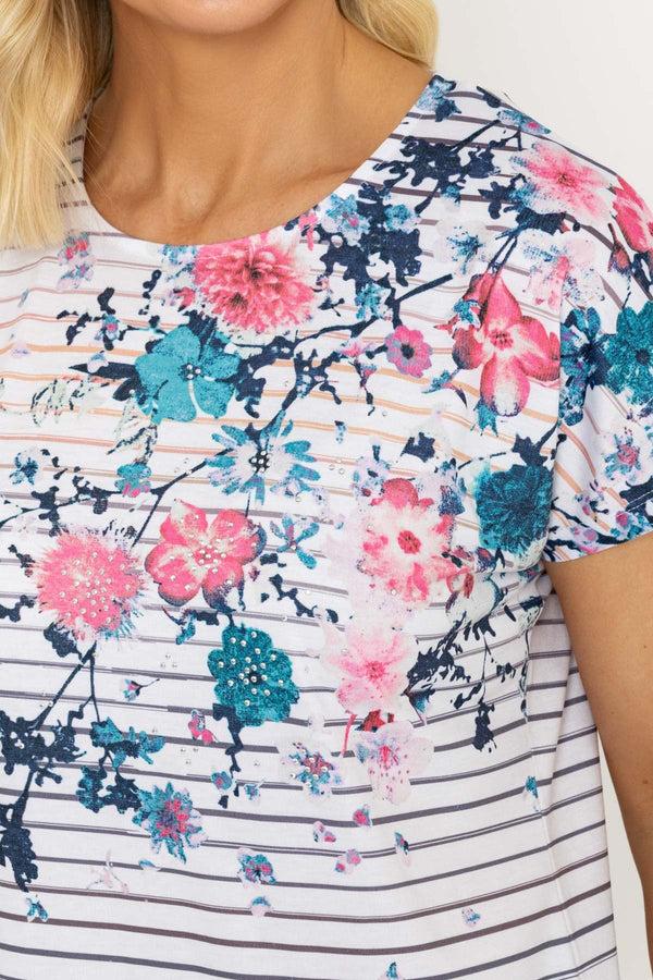 Carraig Donn Pink Floral Print Stripe Jersey Top