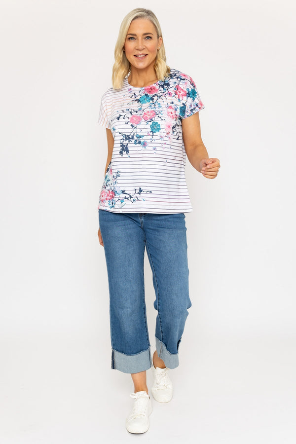 Carraig Donn Pink Floral Print Stripe Jersey Top