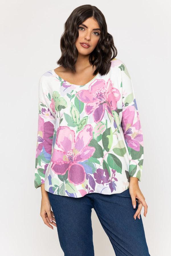 Carraig Donn Pink Floral Print V-Neck Jumper