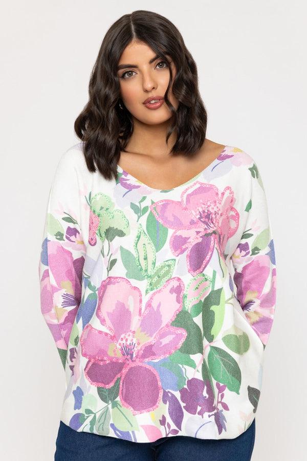 carraig donn Pink Floral Print V-Neck Jumper