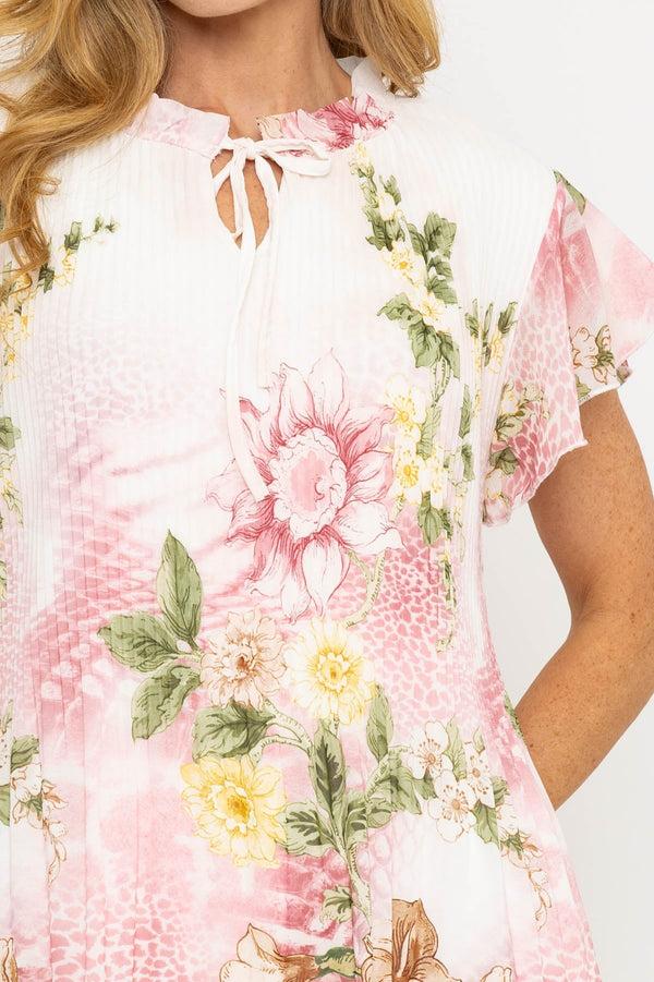 Carraig Donn Pink Floral Tie Neck Pleated Top