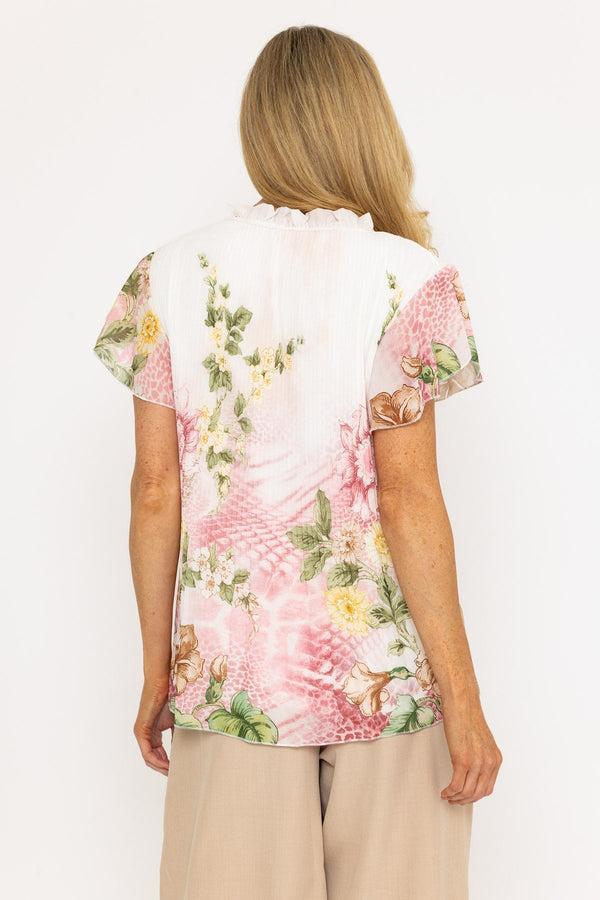 Carraig Donn Pink Floral Tie Neck Pleated Top