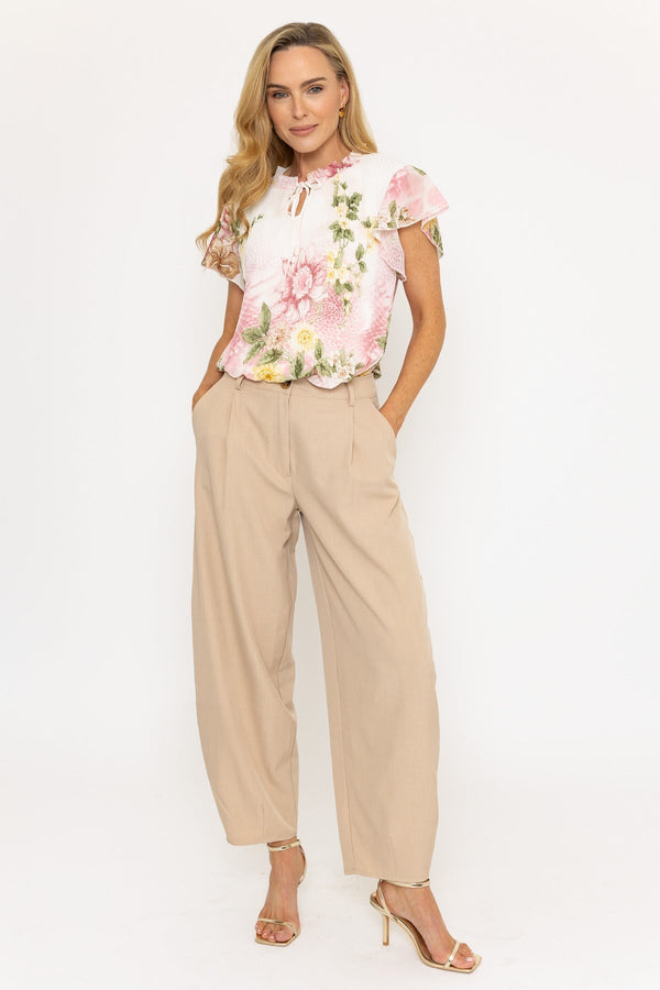 Carraig Donn Pink Floral Tie Neck Pleated Top