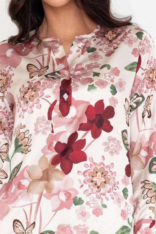 Carraig Donn Pink Print Sateen Long Sleeve Blouse