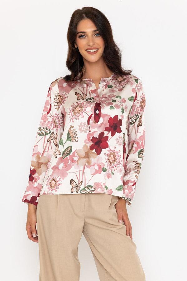 carraig donn Pink Print Sateen Long Sleeve Blouse