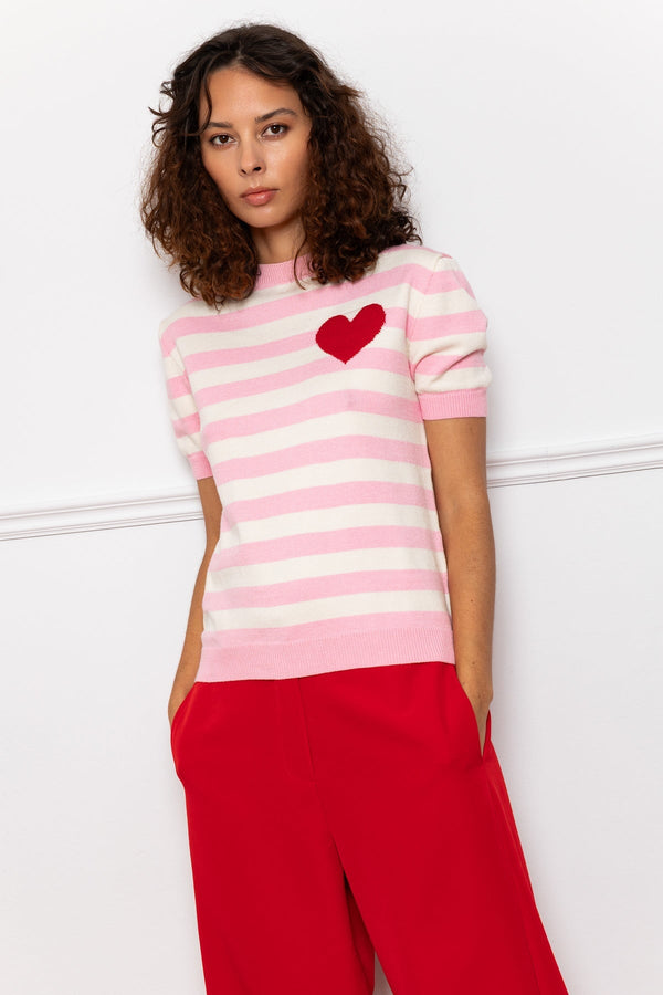 carraig donn Pink Short Sleeve Stripe Knit Top