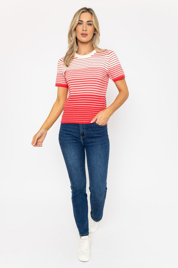 Carraig Donn Pink Short Sleeve Striped Knit Top
