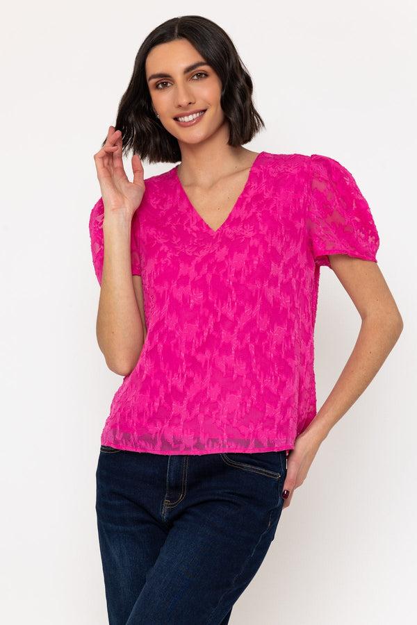carraig donn Pink Short Sleeve Textured V Neck Top