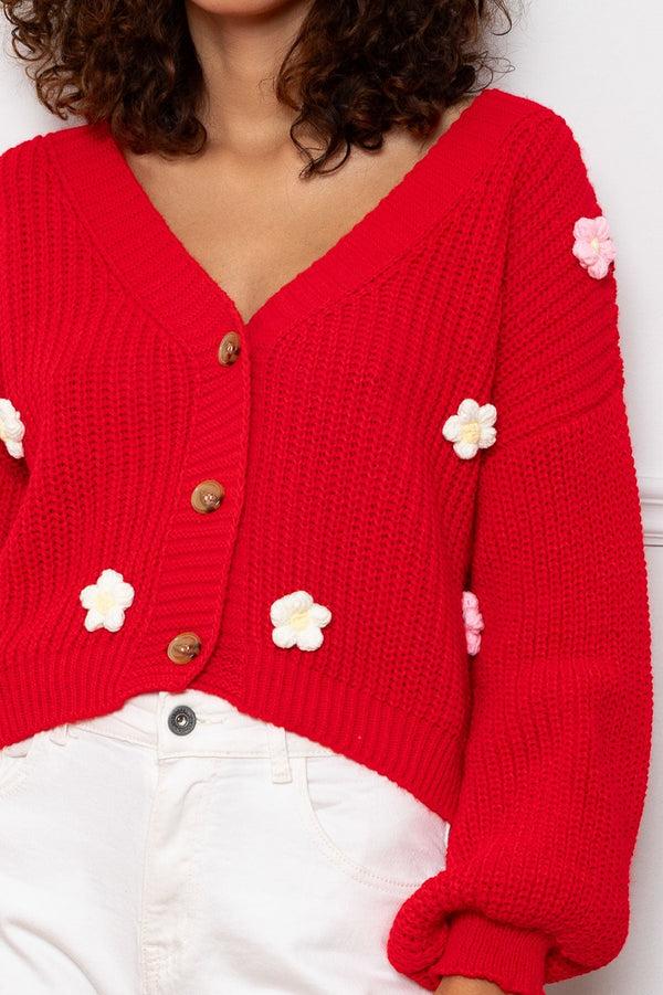 Carraig Donn Red Flower Applique Cardigan