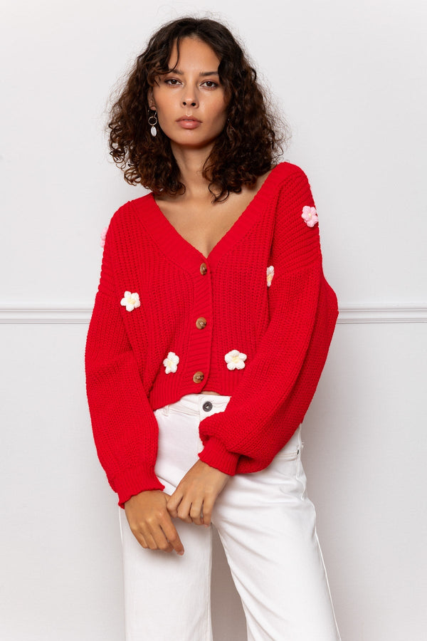 Carraig Donn Red Flower Applique Cardigan