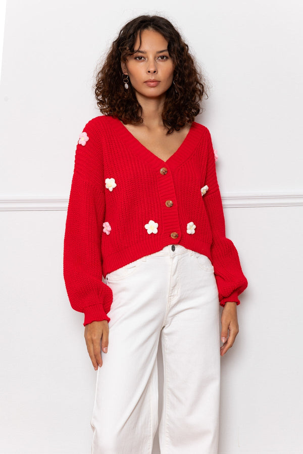 carraig donn Red Flower Applique Cardigan