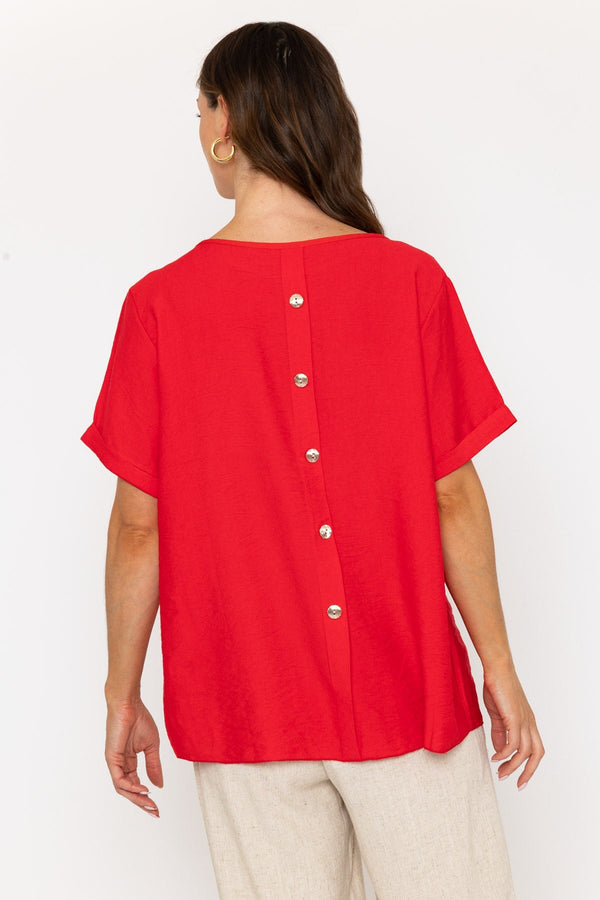 Carraig Donn Red Linen-Like Top With Back Buttons