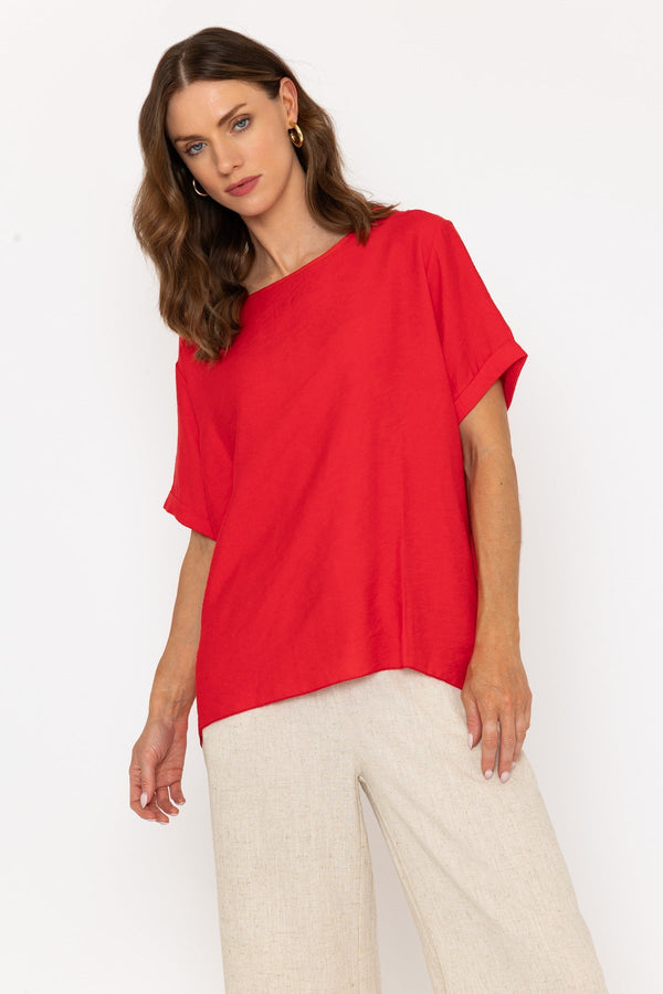 carraig donn Red Linen-Like Top with Back Buttons
