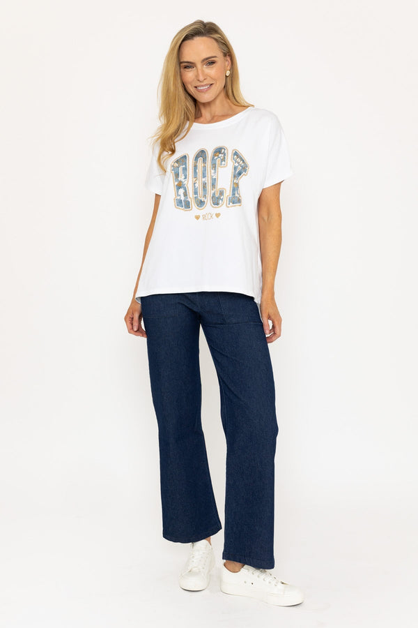 Carraig Donn Rock Print Dip Hem White T-Shirt