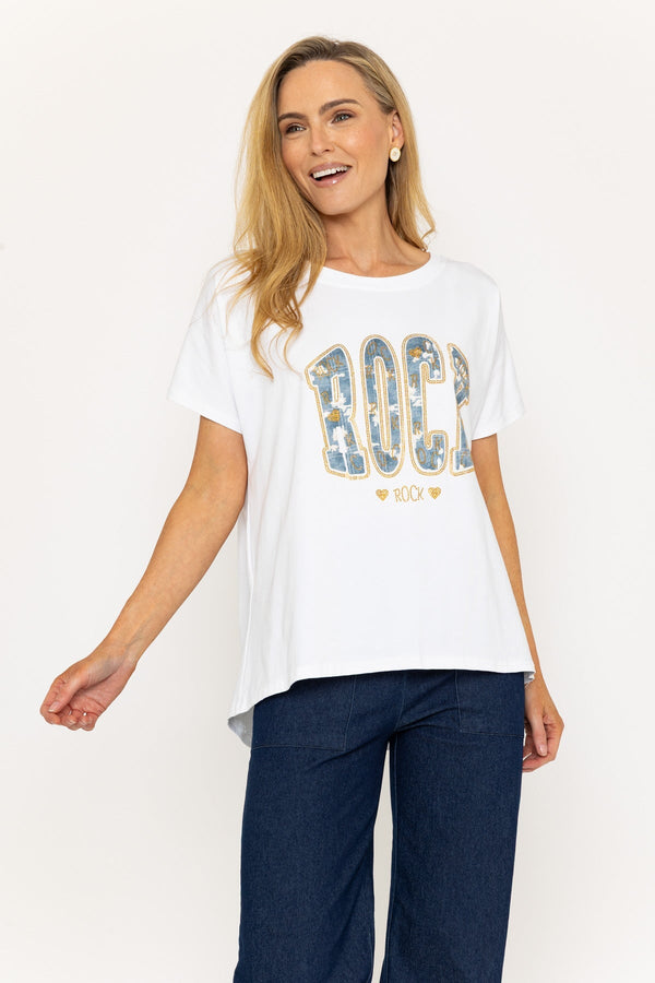 carraig donn Rock Print Dip Hem White T-Shirt