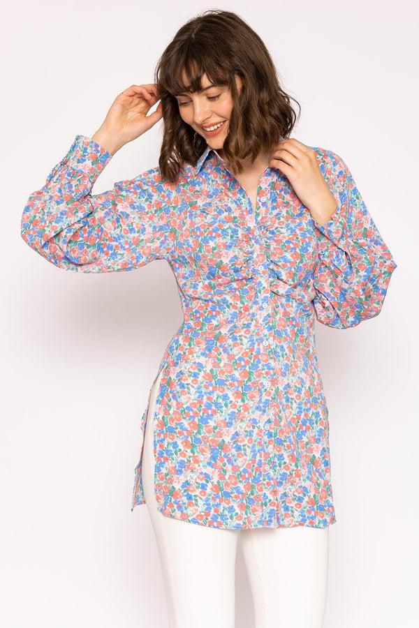 Carraig Donn Ruched Longline Blouse In Blue Print