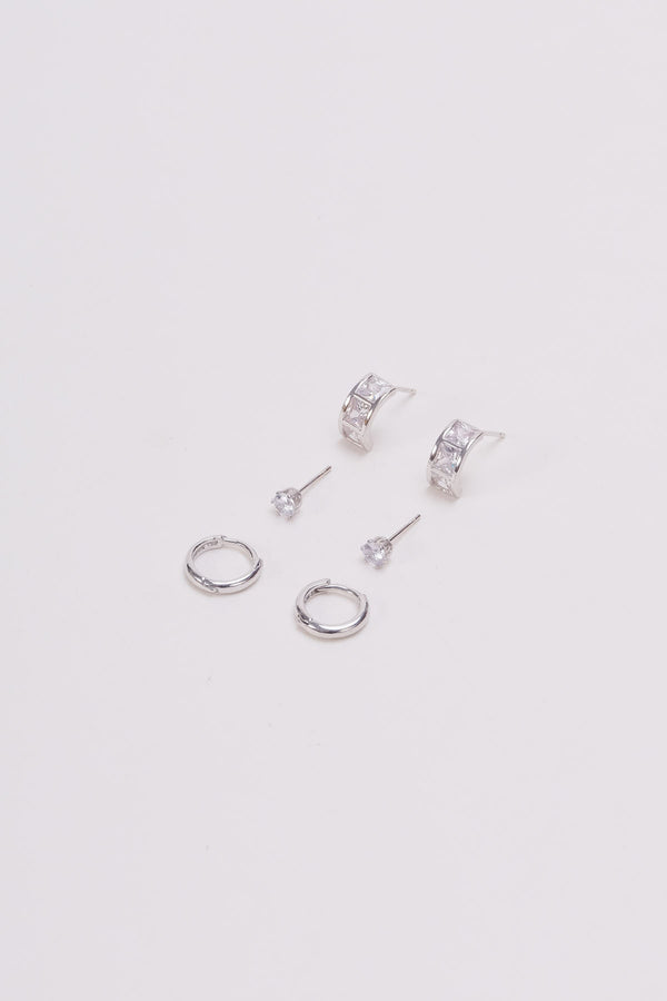 carraig donn Set of 3 Silver Hoop & Stud Earrings