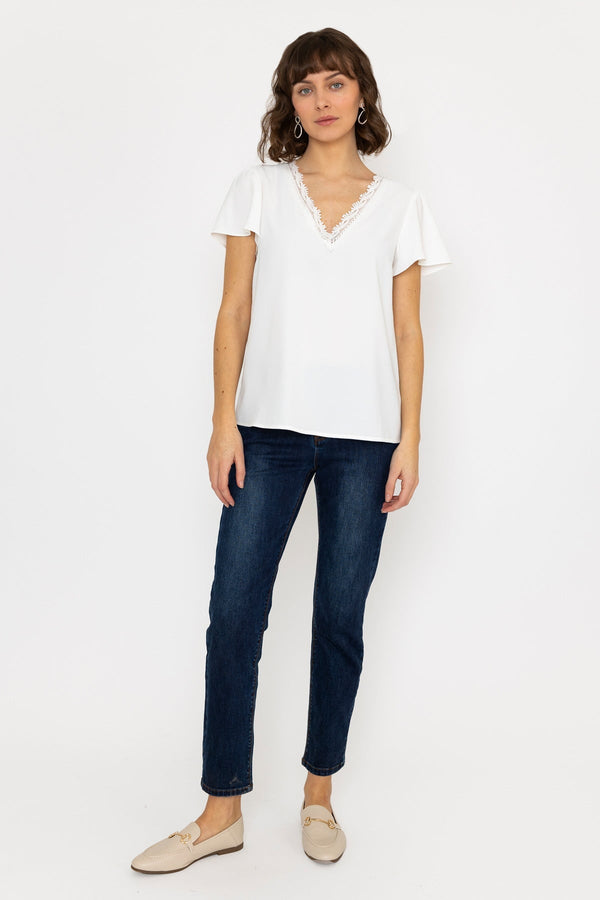 Carraig Donn Short Sleeve Lace V Neck Top In White