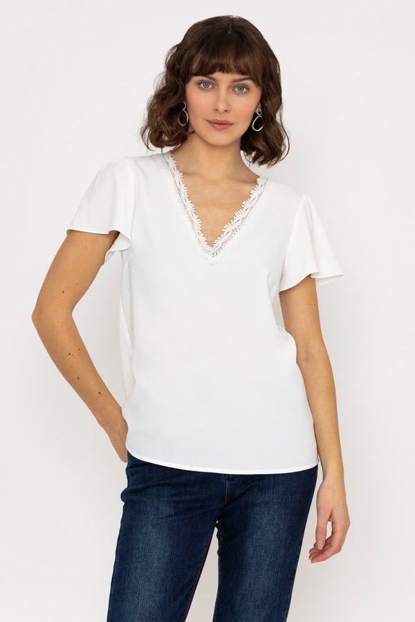 carraig donn Short Sleeve Lace V Neck Top in White