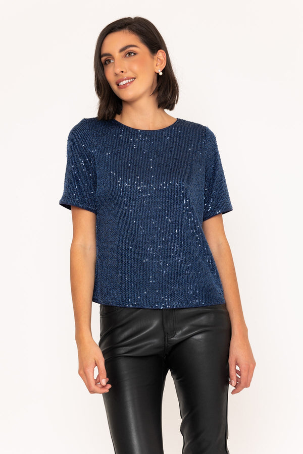 Carraig Donn Short Sleeve Sequin Top In Navy