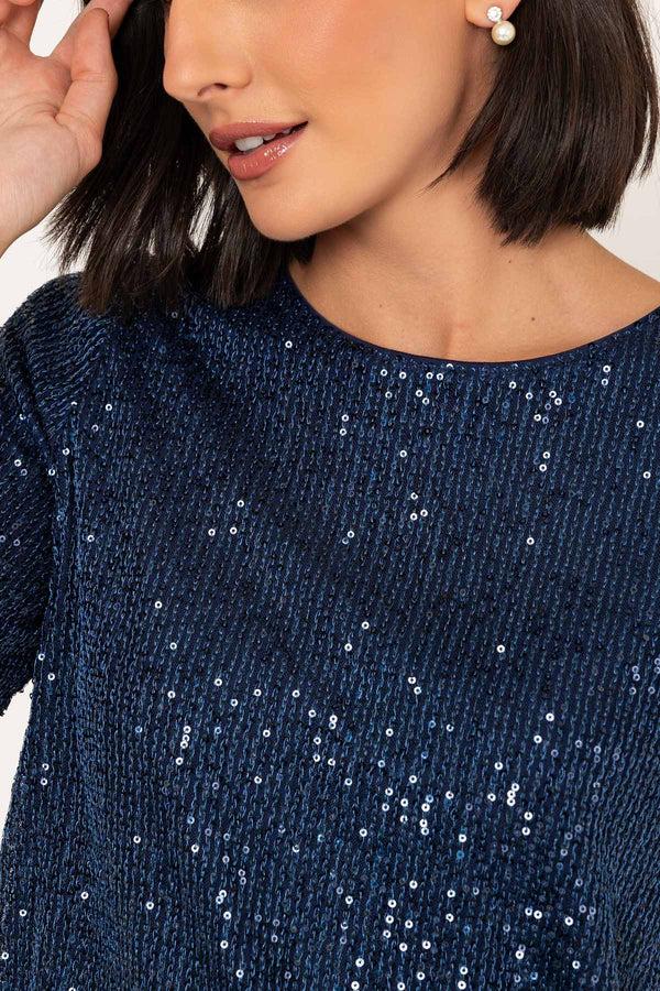 Carraig Donn Short Sleeve Sequin Top In Navy