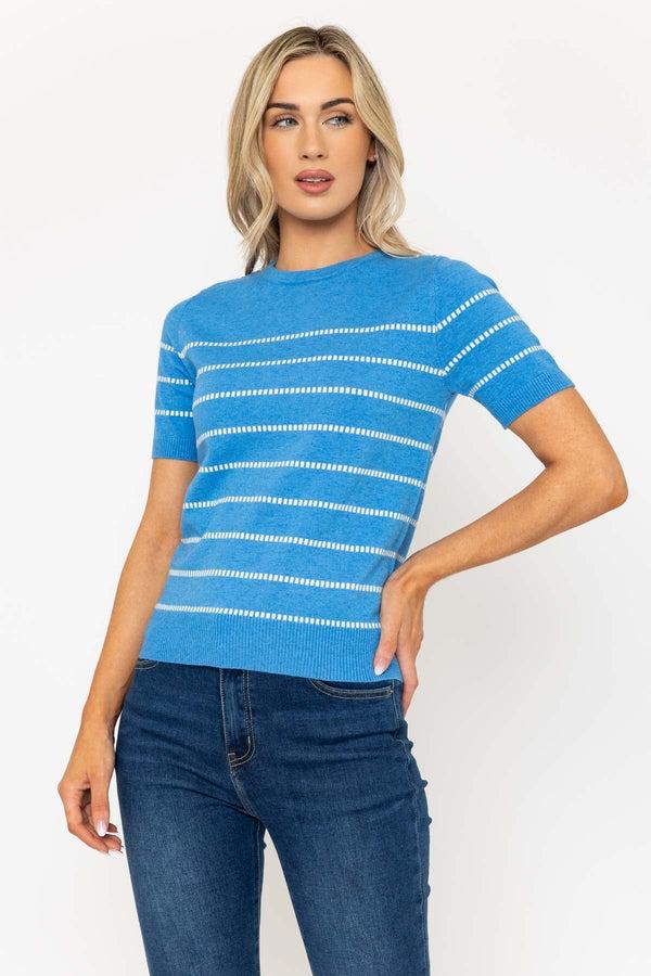 Carraig Donn Short Sleeve Stripe Knit Top In Blue