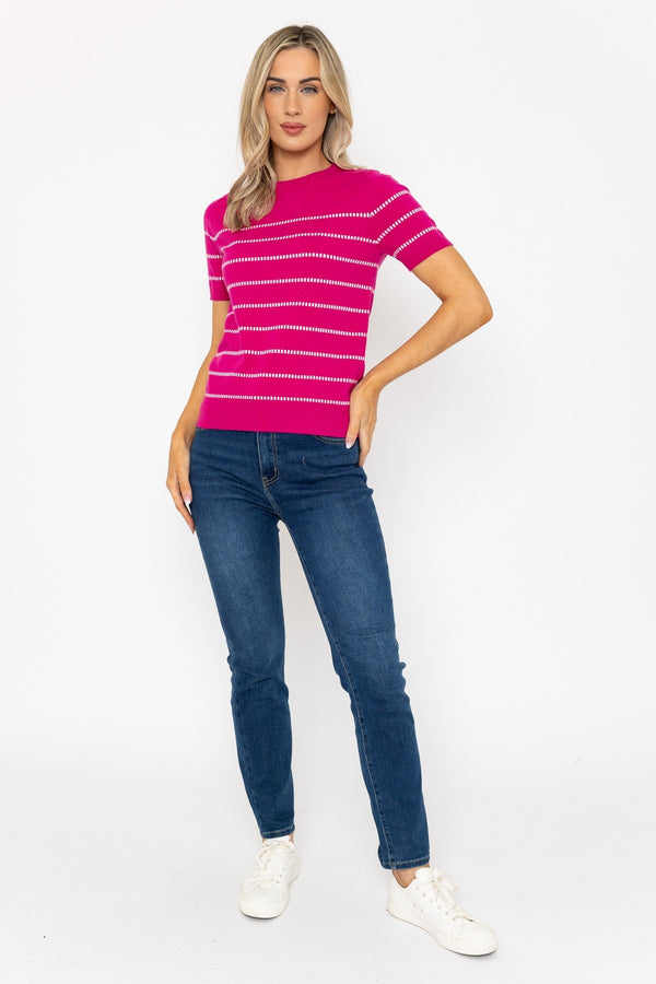 Carraig Donn Short Sleeve Stripe Knit Top In Pink