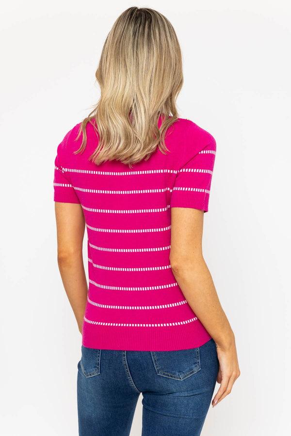 Carraig Donn Short Sleeve Stripe Knit Top In Pink