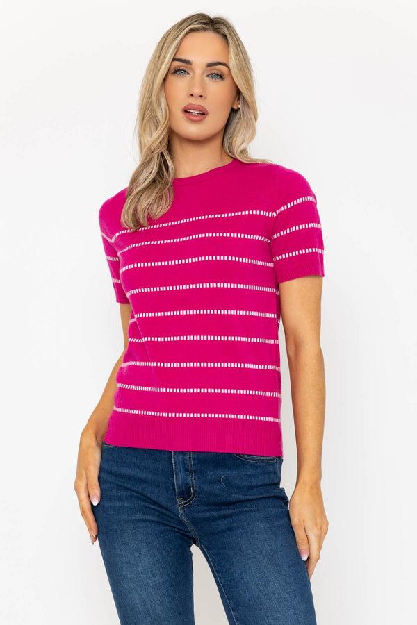 carraig donn Short Sleeve Stripe Knit Top in Pink