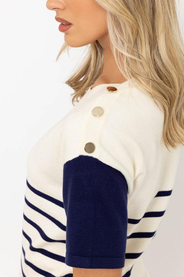 Carraig Donn Short Sleeve Striped Knit Top In Navy