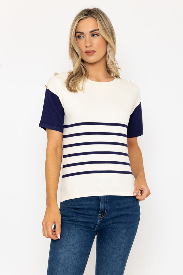 carraig donn Short Sleeve Striped Knit Top in Navy