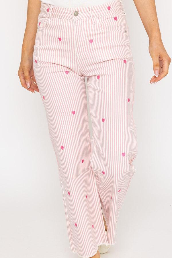 Carraig Donn Stripe Pink Heart Embroidered Jeans